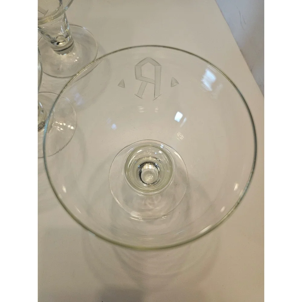 Set of 5 Vintage Monogrammed R Etched Glass Cocktail Beer Stemmed‎ Glasses